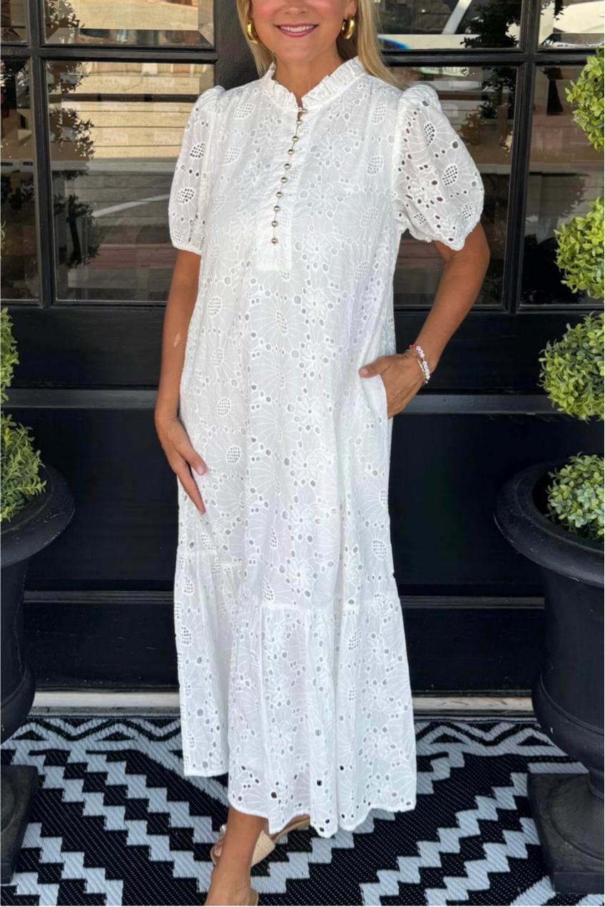 White Floral Eyelet Embroidery Midi Dress