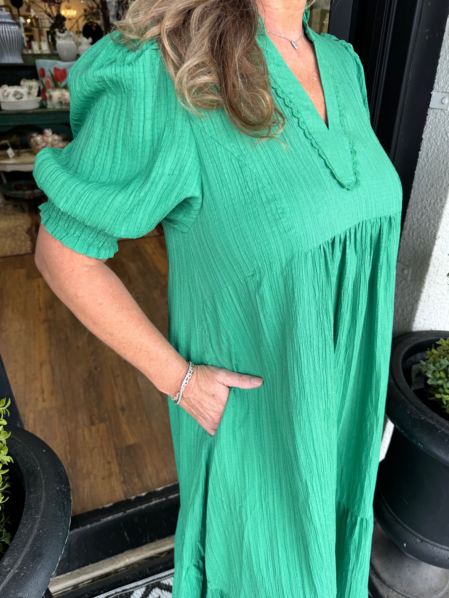 Textured Ruffle Neck Tiered Maxi Dress