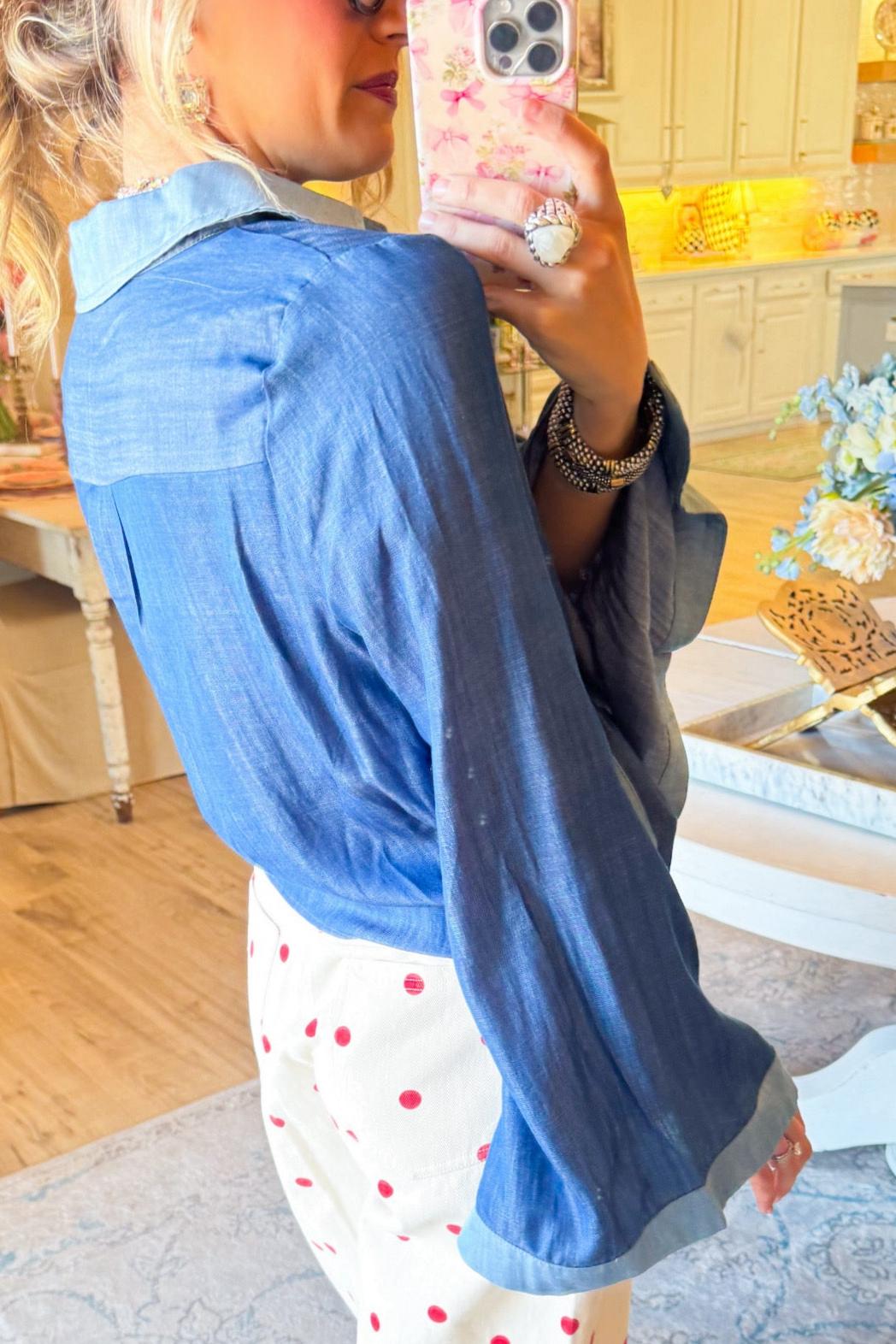 Blue Long Sleeve Button Down Tie Knot Top