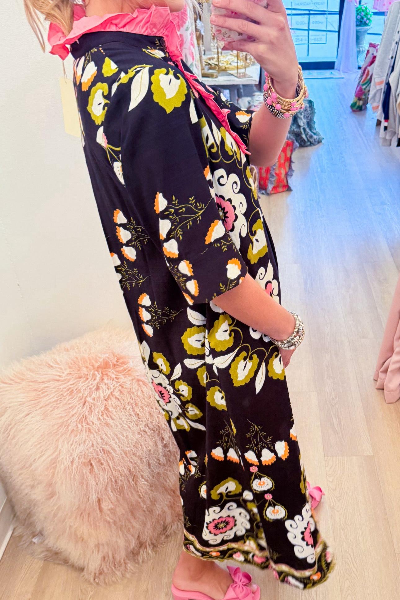 Black Floral Boho Ruffle Midi Dress