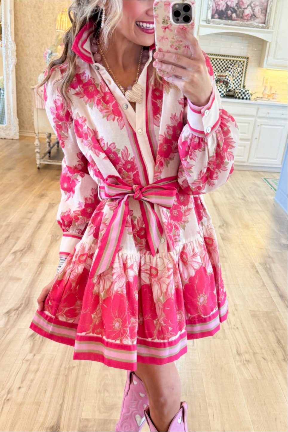 Pink Floral Button Up Mini Dress