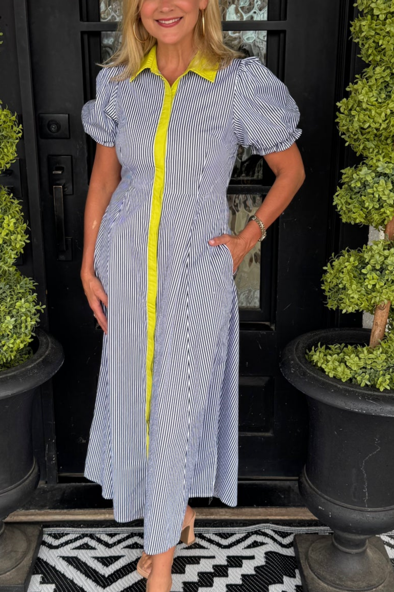 Color-block Collar Striped Puff-sleeve Dress