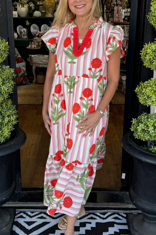 V-Neck Floral Stripe Print Ruffle Sleeve Dress