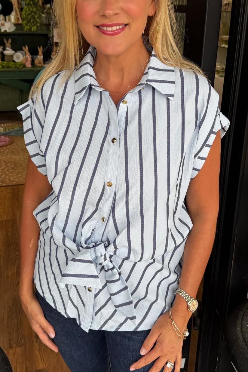 Stripe Tie Waist Seersucker Blouse