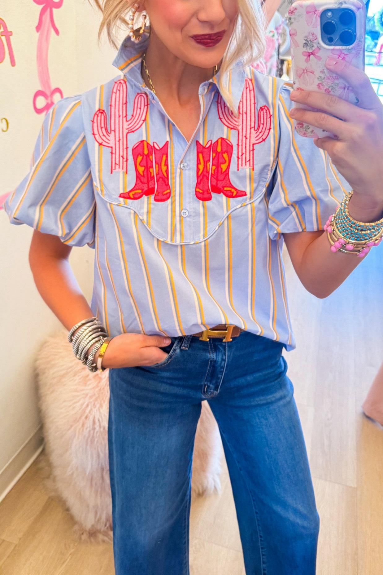 Blue Stripe Embroidered Top