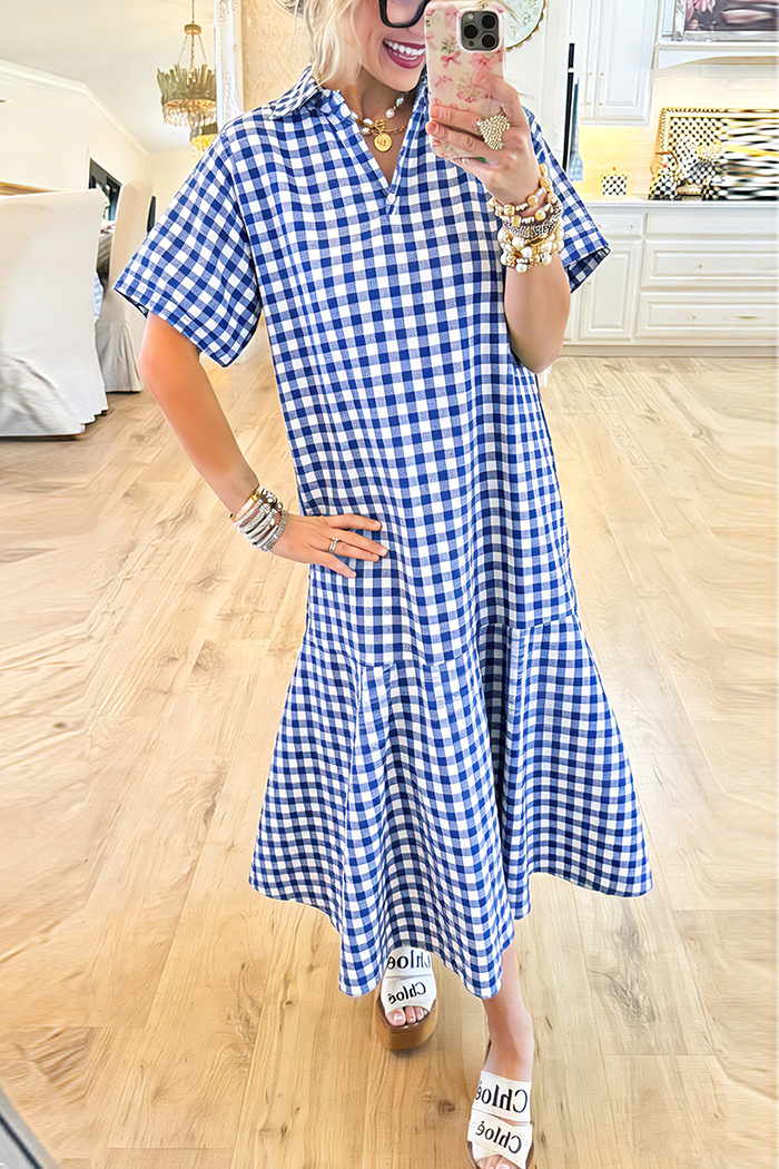 Flared Hem Pockets Gingham Dress