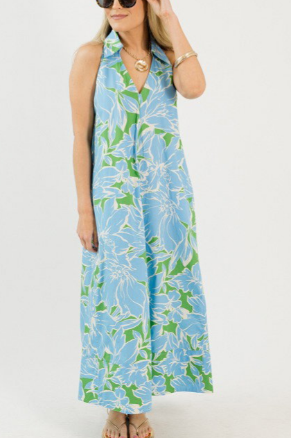 Collared Halter Neck Floral Maxi Dress