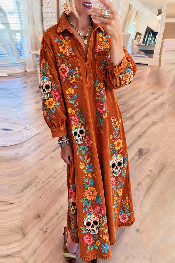 Corduroy Pocket Sugar Skull Floral Maxi Dress