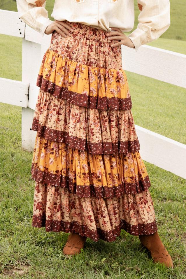 Boho Tiered Ruffle Floral Print Maxi Skirt