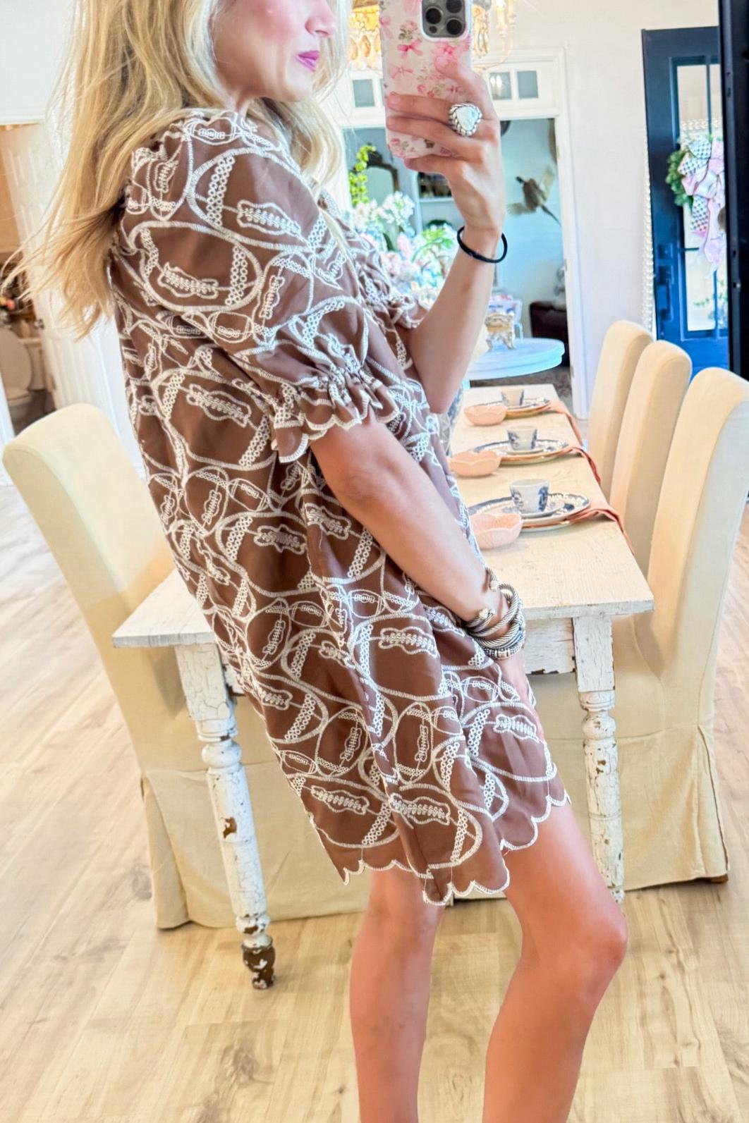 Brown Football Embroidered Mini Dress