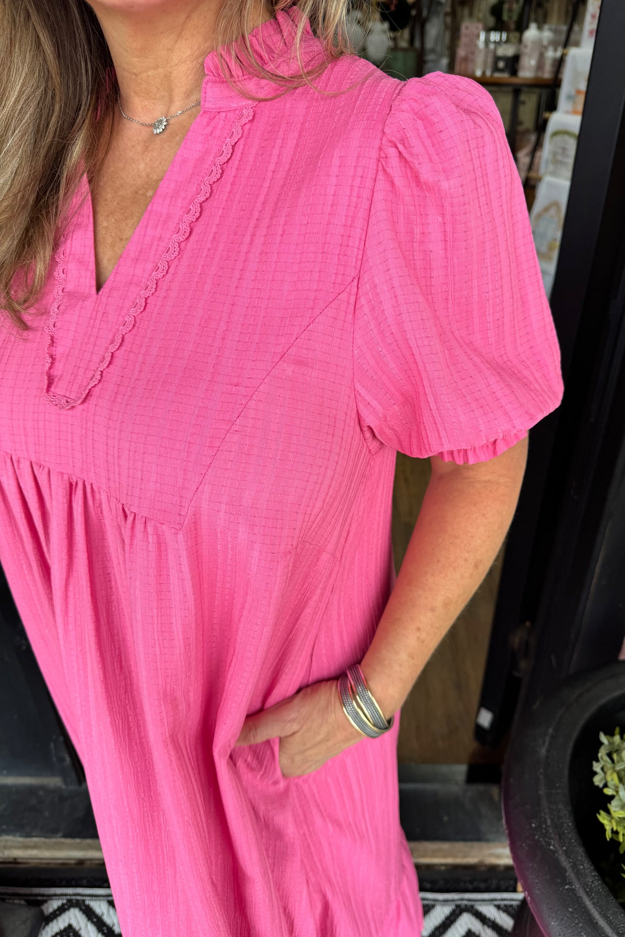 Textured Ruffle Neck Tiered Maxi Dress