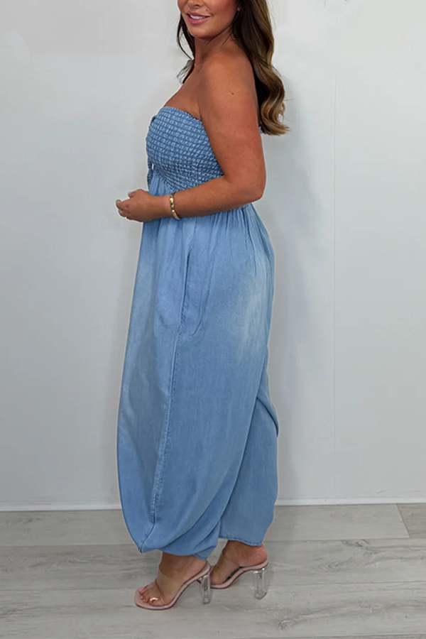 Denim Bandeau Harem Smocked Top Jumpsuit