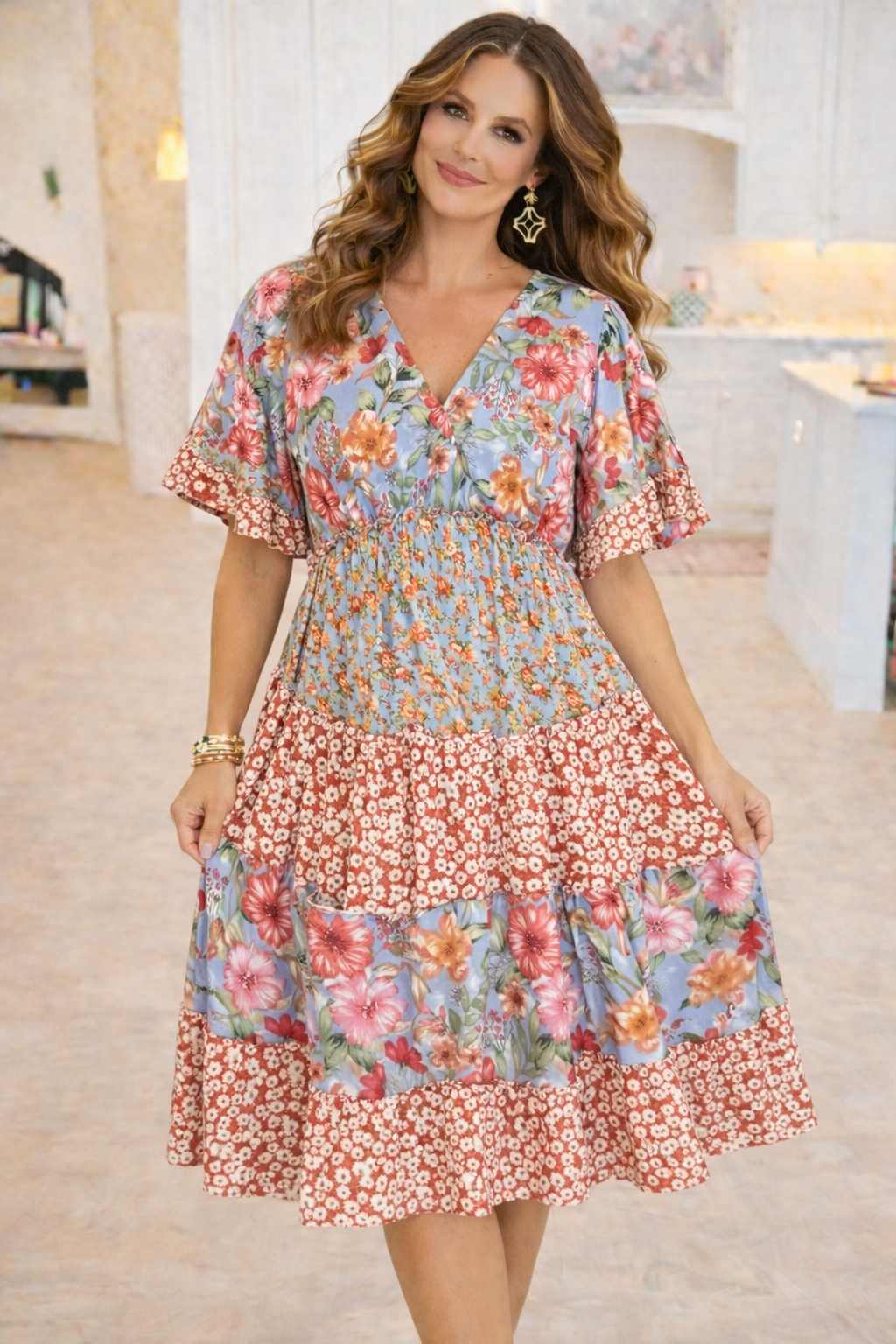 Curvy Mixed Floral Print Tiered V Neck Midi Dress with Bell Short Sleeve and Ruffle Hem