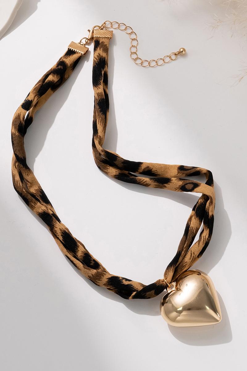Leopard Scarf Necklace with Heart Charm