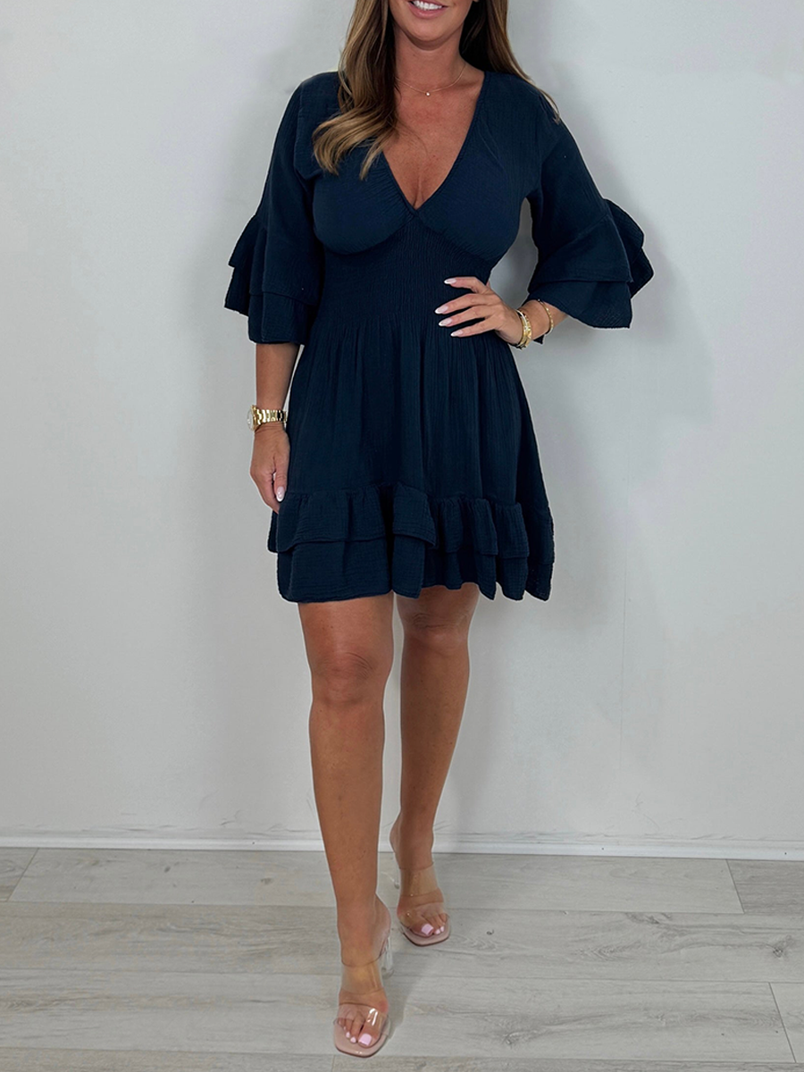 Smocked Waist Cheesecloth V-Neck Dress