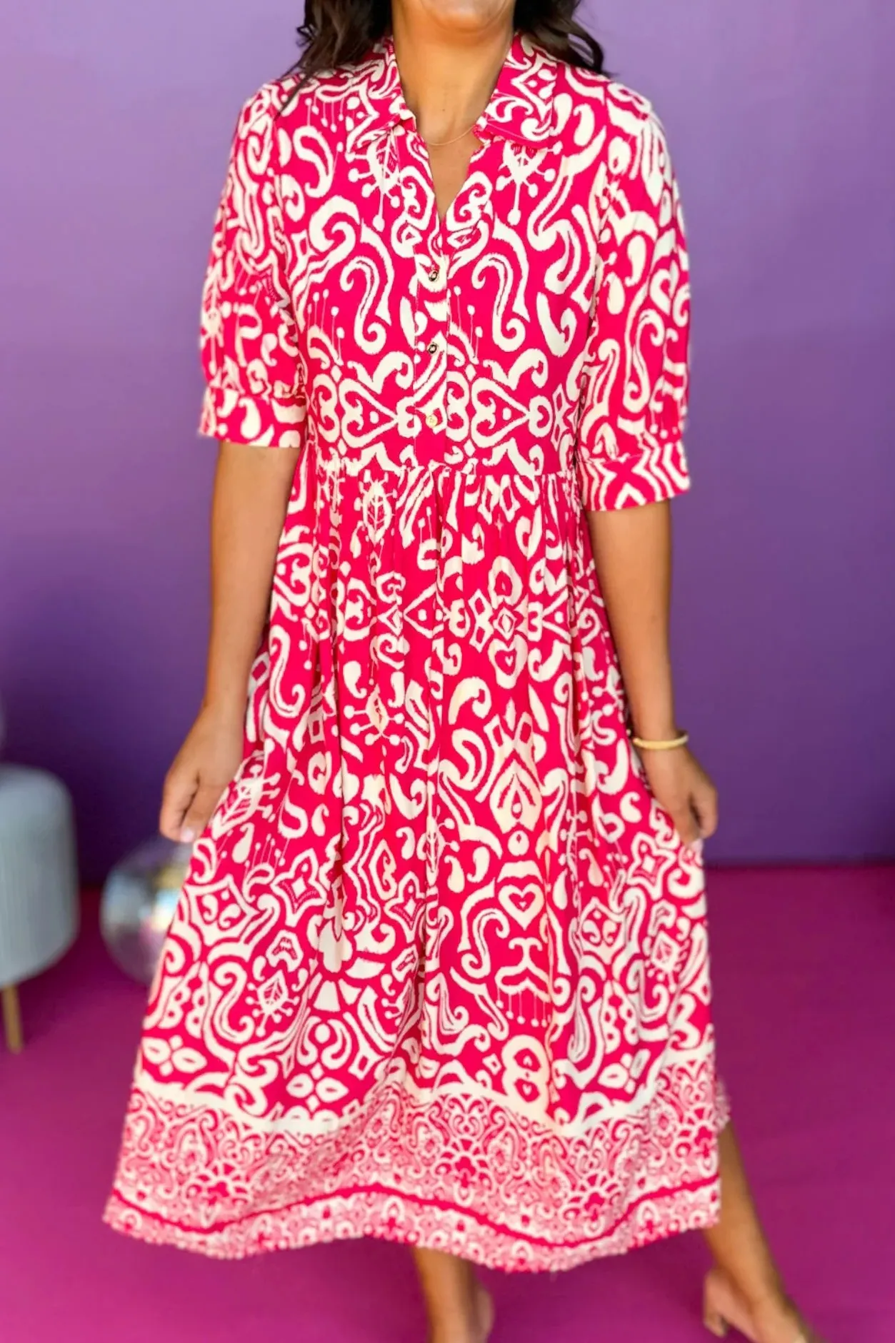 Paisley Printed Split Neck Collared ElbowSleeve Dress