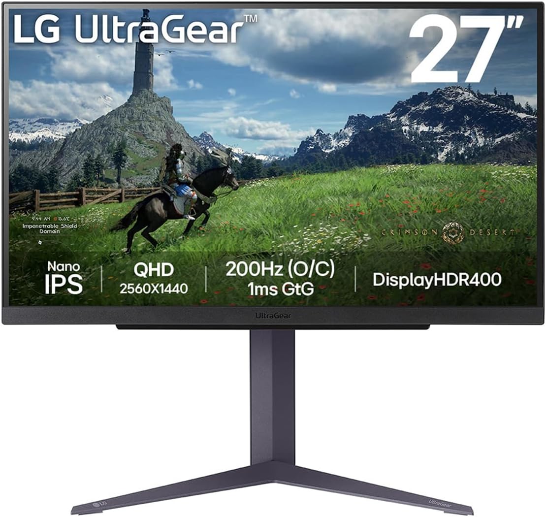 LG UltraGear Gaming Monitor 27GS85Q, 27 inch, 1440p, 200Hz Overclocked, 1ms Response Time, IPS Panel, NVIDIA G-Sync compatible and AMD FreeSync, Smart Energy Saving, DisplayPort, HDMI-Frameova