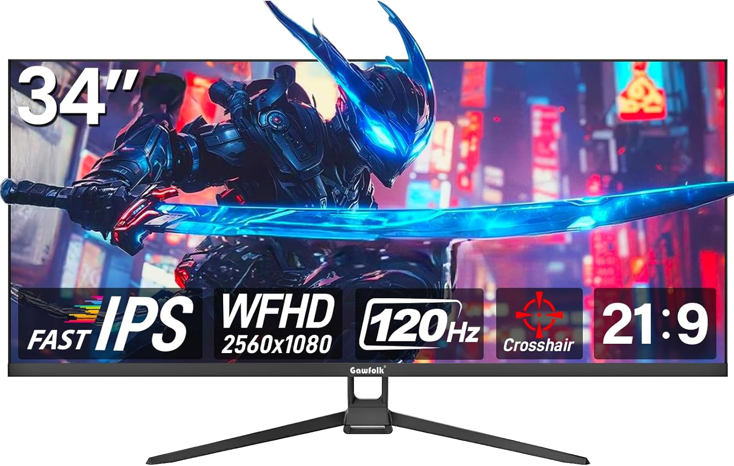 Gawfolk 34-inch Ultra-Wide Gaming Monitor 21:9 IPS Screen Display 120Hz Refresh Rate FreeSync and G-Sync Compatible HDMI and DP Ports, Wall-mounted 75 x 75mm-Frameova