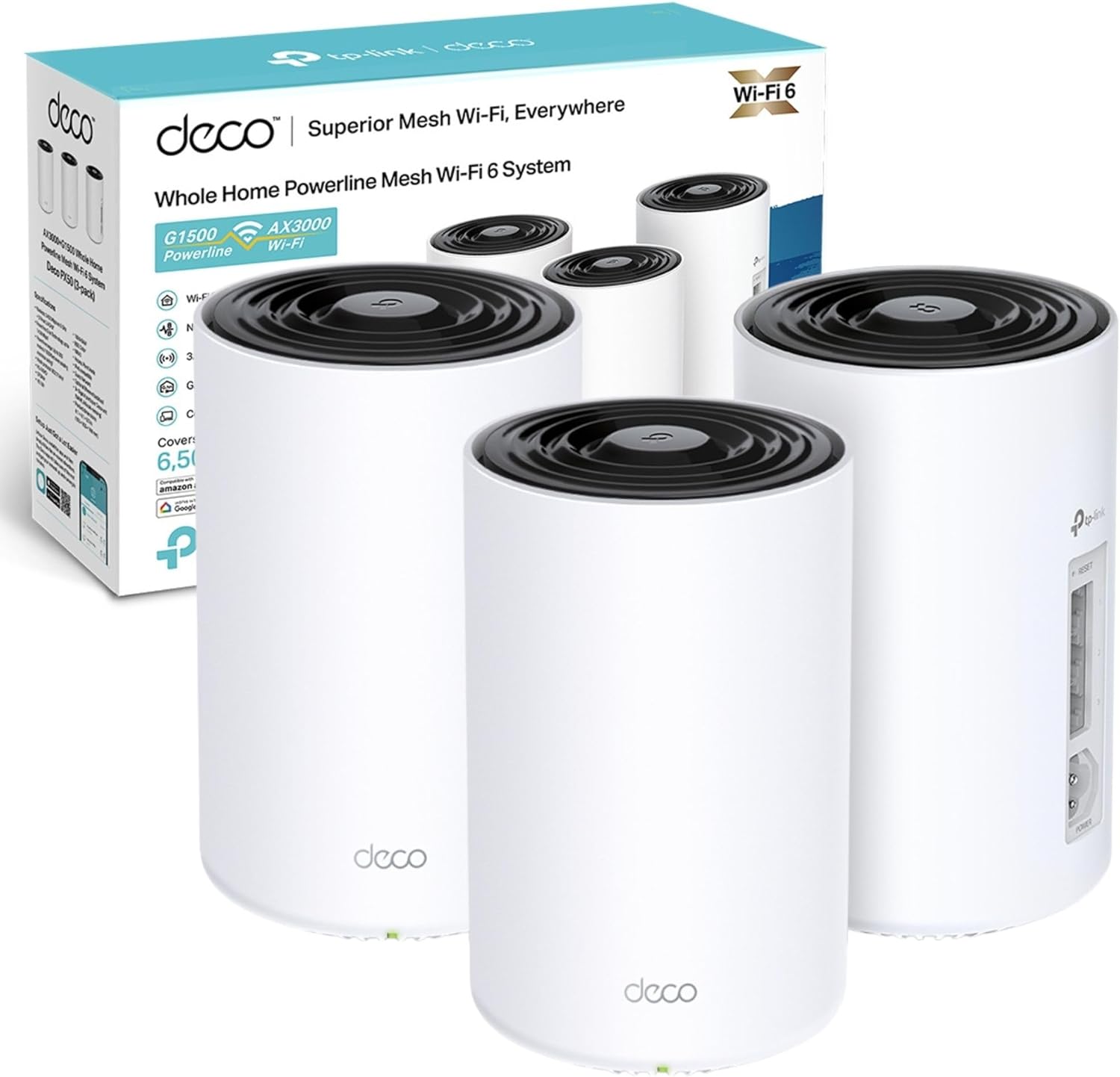 TP-Link Deco PX50 3-pack AX3000Mbps + G1500 Powerline Mesh WiFi 6 System, Dual-Band WiFi Extender Booster, 3x Fast Gigabit Ports, AI-Driven Mesh, Cover up to 6,500 square feet, Connect up to 150 devices-Frameova