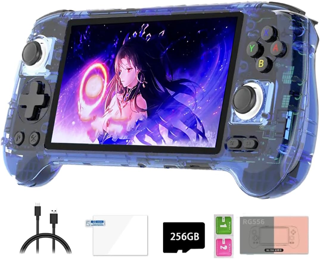 JOYARCH RG556 Retro Handheld Game Console with 8000 Games, 5.48 inch AMOLED Screen, Android 13, Unisoc T820, 8GB RAM, 256GB Storage, Blue-Frameova