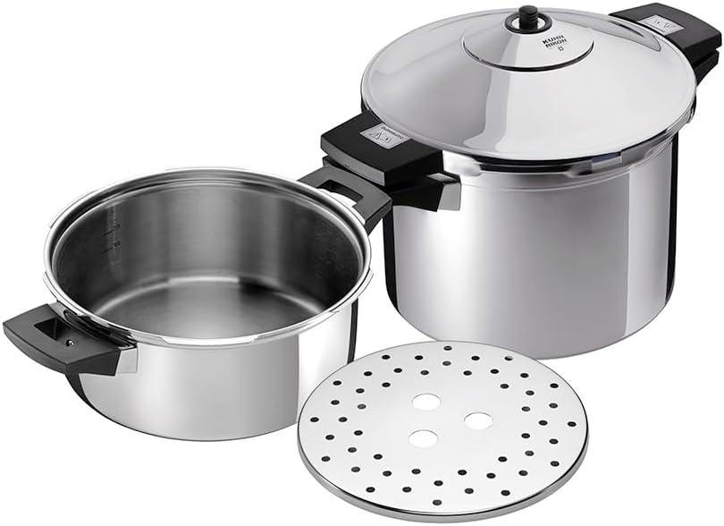 Kuhn Rikon Pressure Cooker Set, 4L and 6L  24cm Duromatic Inox Food Steamers with Side Grips. Multi Cooker Hotpot with Auto Lock Lid. Stainless Steel Pot - 10 Year Kuhn Rikon Cookware Guarantee-Frameova
