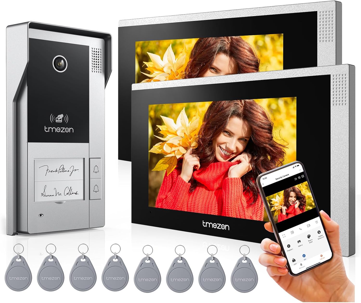 TMEZON WiFi IP Video Door Phone Intercom System for Home,7 inch IP Touchscreen with 1080P Doorbell,APP Swipe Card Unlock,Recording and Playback,Motion Detection,4 Wire Technology,for 2 families-Frameova