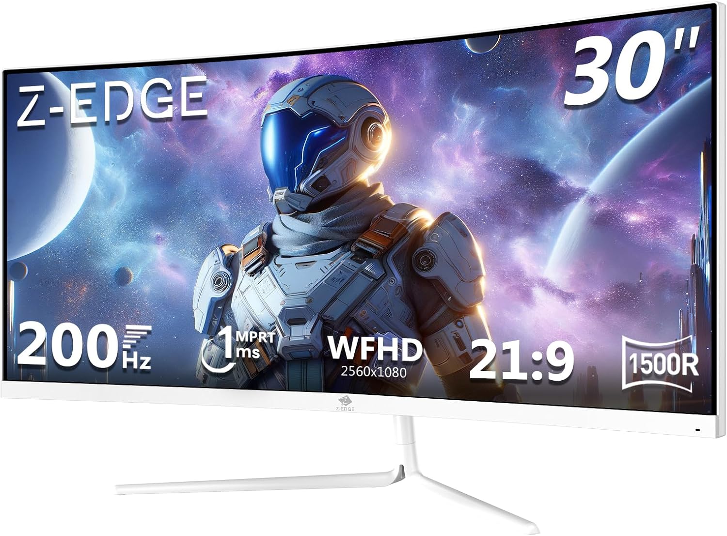 Z-Edge 30 Inch Ultrawide Curved Gaming Monitor 200Hz DP 165Hz HDMI 1ms MPRT 2560x1080 VA Panel, 21:9 1500R Curved Screen, 300cd m2 Brightness, FreeSync, HDMI and DisplayPort, White-Frameova