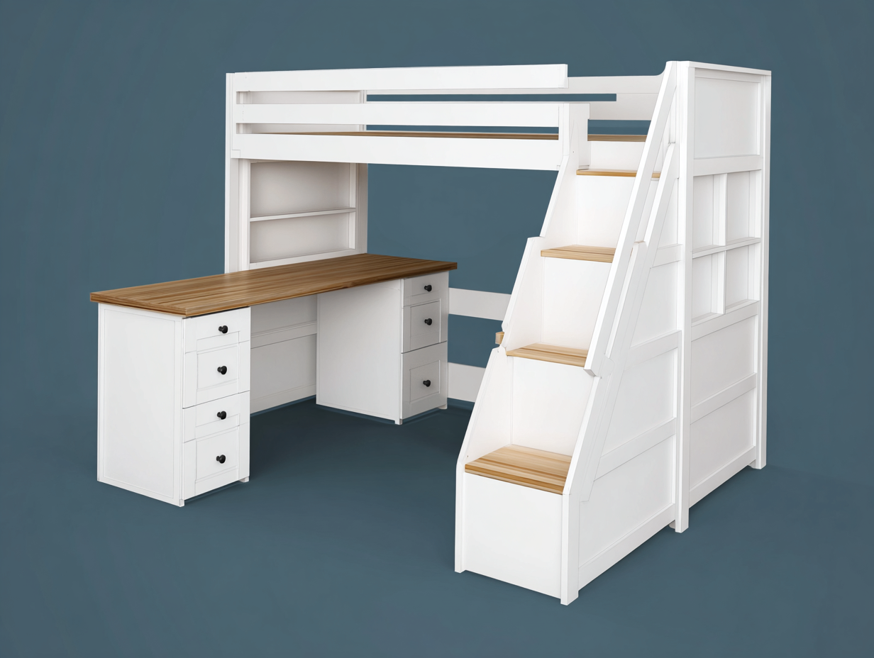 Bunk Beds wooden frame with desk and stairs 250x120x180 cm - white-natural wood - multifunctional loft bed-Frameova