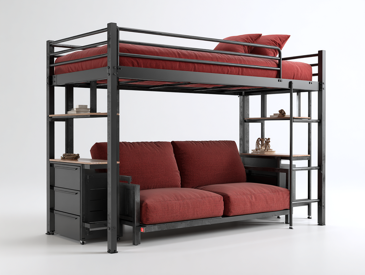 Bunk Beds metal frame with sofa 208x96x170 cm - black-red - space saving design