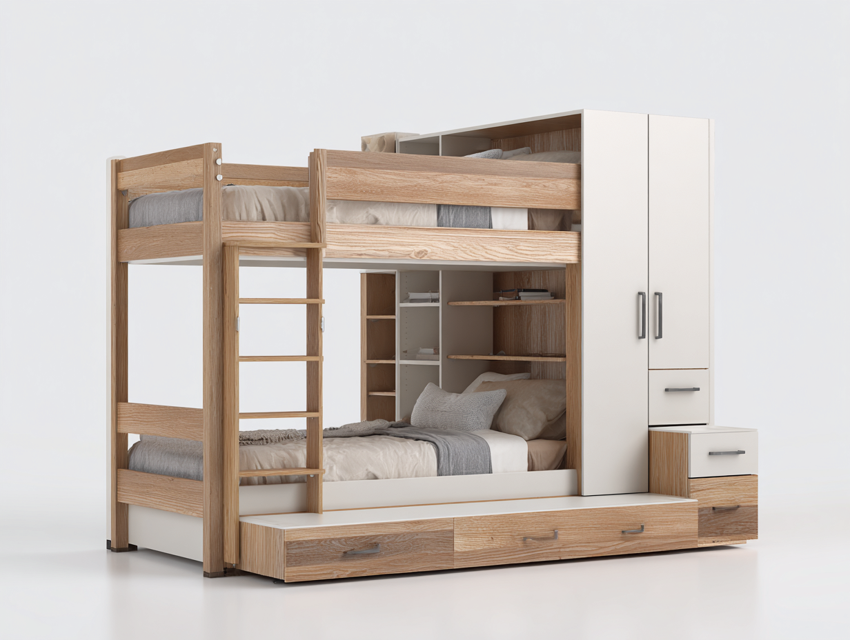 Bunk Beds wooden frame with storage 210x100x180 cm - natural wood-white - space saving design-Frameova