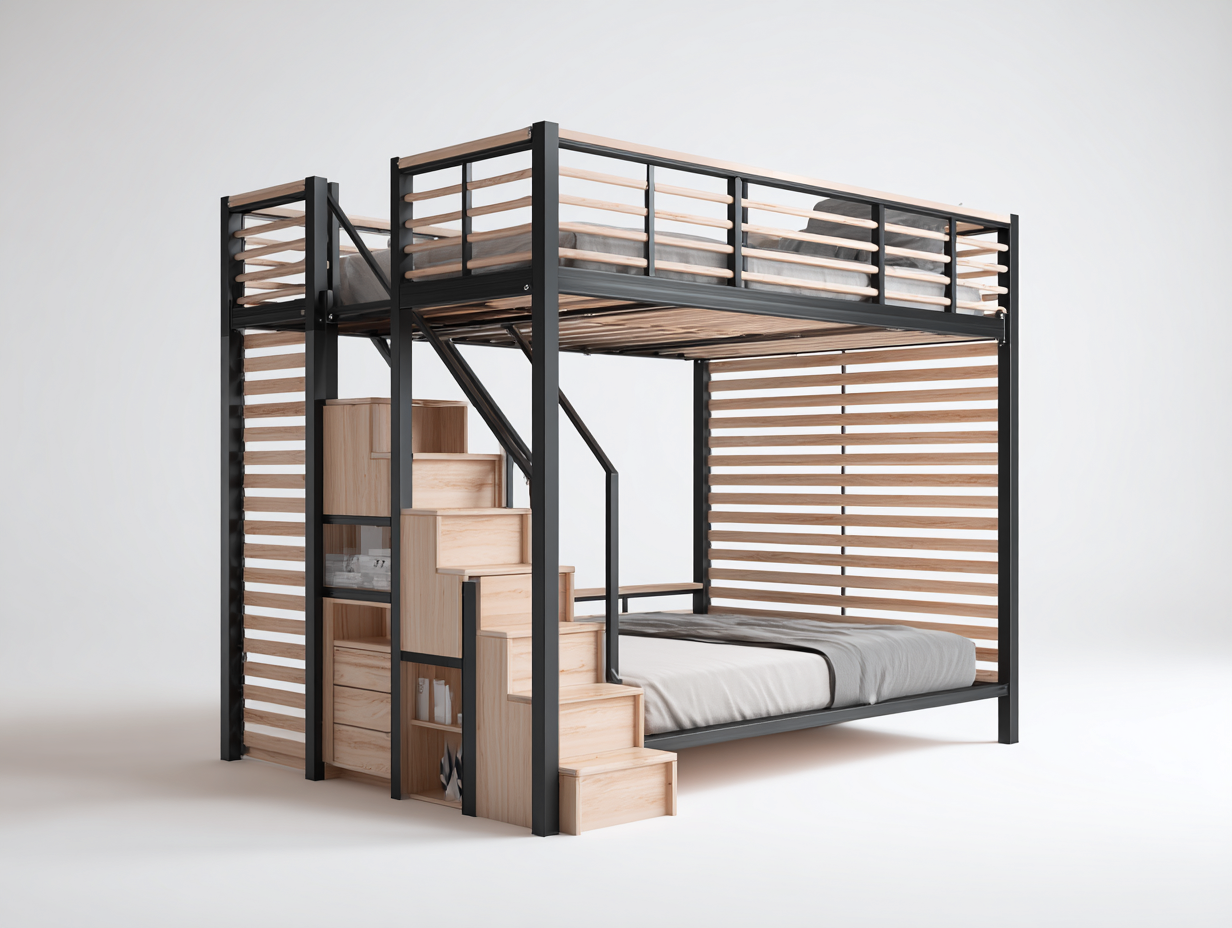 Bunk Beds metal and solid wood frame 200x140x180 cm - black natural - modern loft space saving design-Frameova