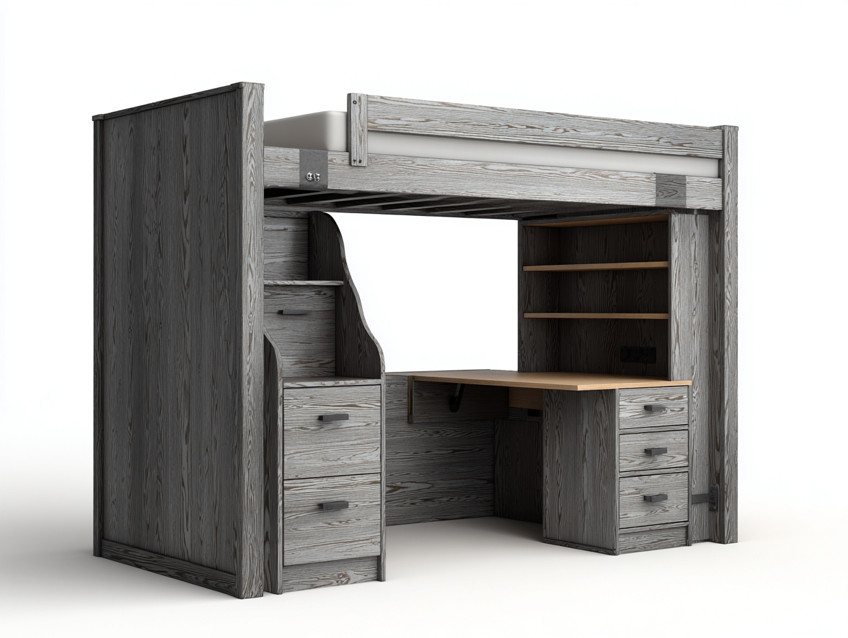 Bunk Beds wood with desk 200x120x180 cm - grey-natural wood - space saving bunk bed with workstation for bedroom-Frameova