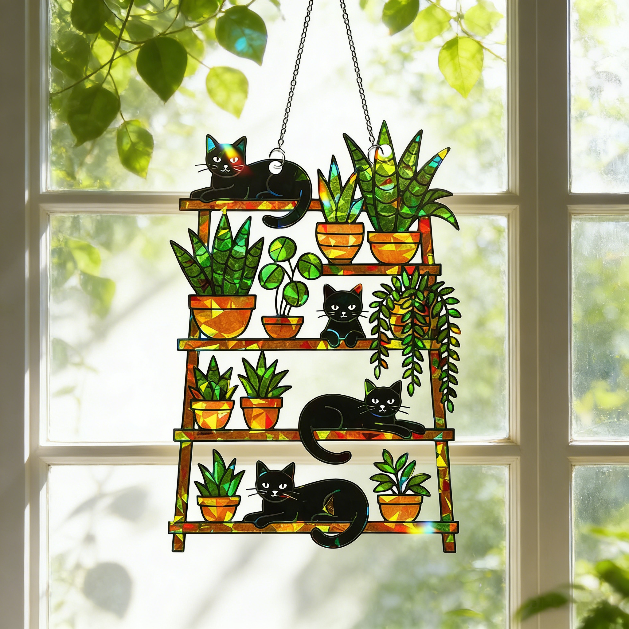 Cat and Plant Acrylic Suncatcher Holographic Window Hanging Decor