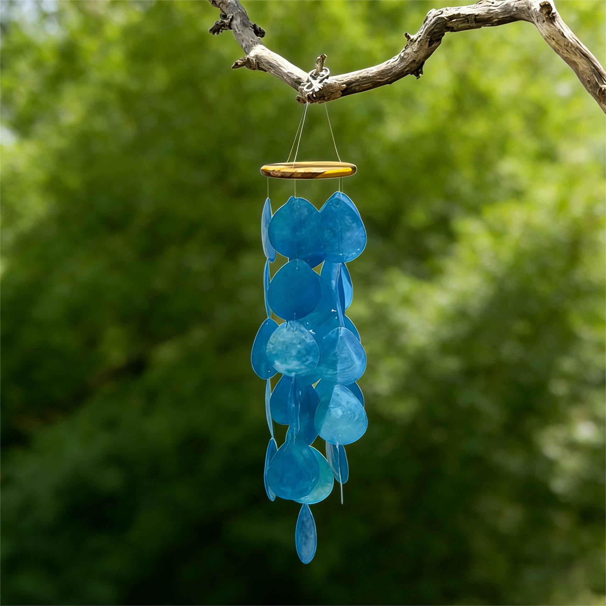 Blue Capiz Shell Wind Chime Teak Wood Waterdrop Coastal Garden Decor