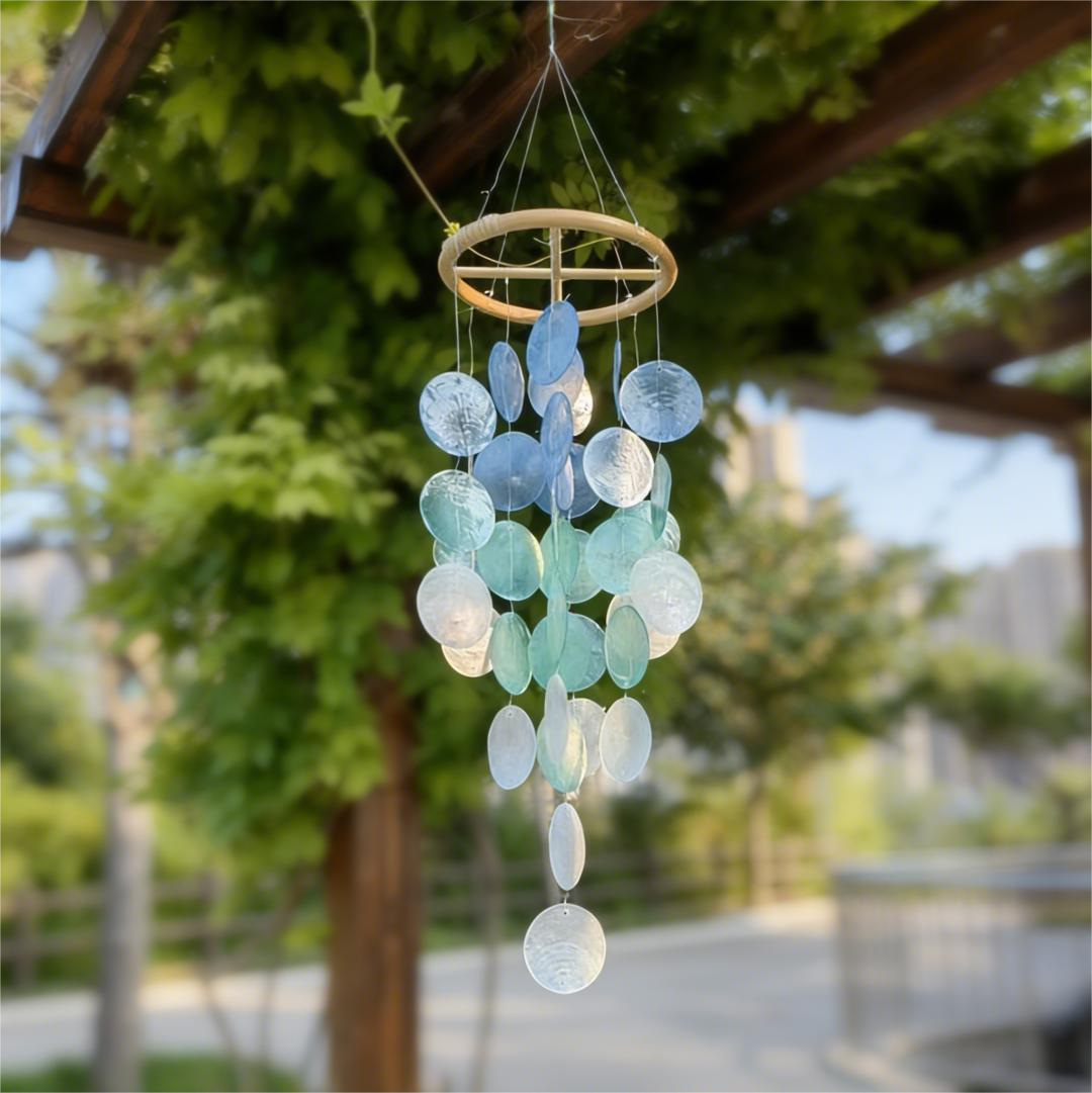 Blue and White Seashell Wind Chime Ocean Breeze Beach House Decor
