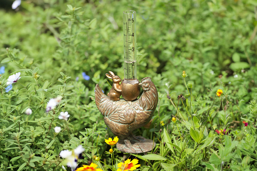 Hen and Rabbit Rain Gauge Outdoor Garden Decoration