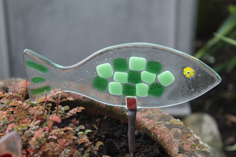 Fused Glass Fish Garden Stake Copper Rod Plant Pot Decoration