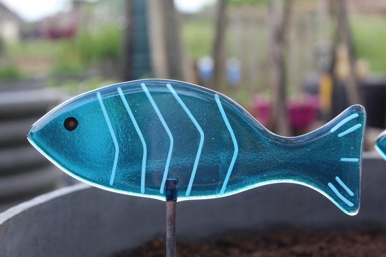 Fused Glass Fish Garden Stake Copper Rod Plant Pot Decoration