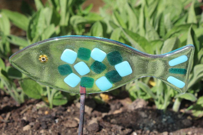 Fused Glass Fish Garden Stake Copper Rod Plant Pot Decoration