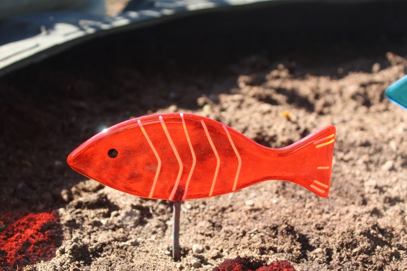 Fused Glass Fish Garden Stake Copper Rod Plant Pot Decoration