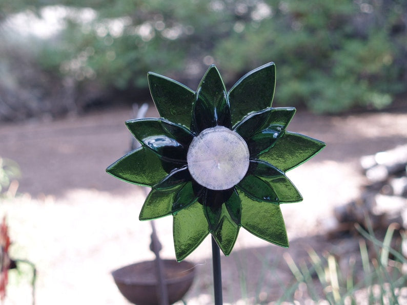 Fused Glass Garden Art: Large glass flowers, 32" stem, indoor/outdoor