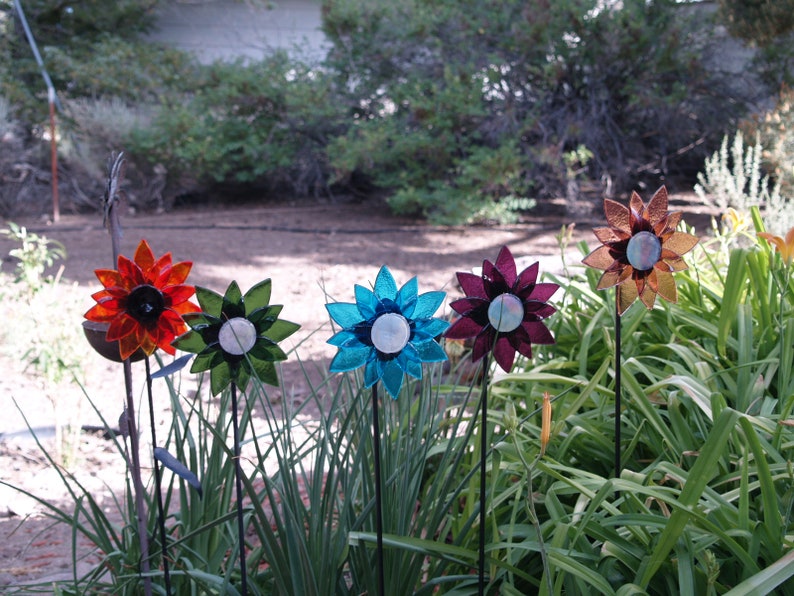 Fused Glass Garden Art: Large glass flowers, 32" stem, indoor/outdoor