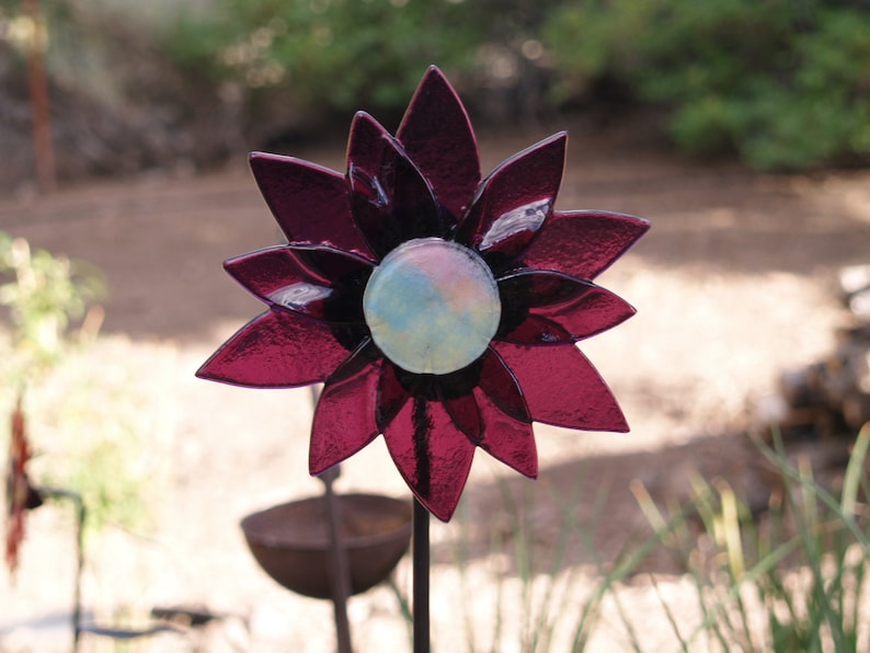 Fused Glass Garden Art: Large glass flowers, 32" stem, indoor/outdoor