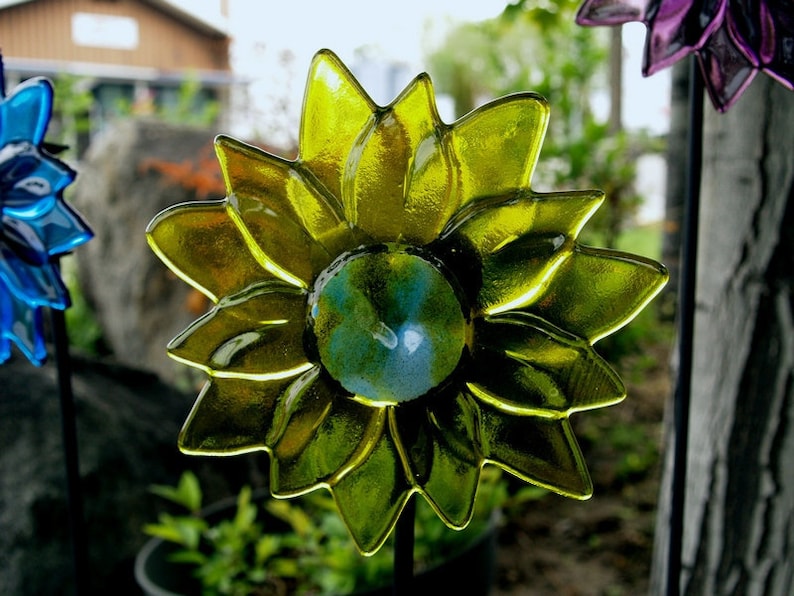 Fused Glass Garden Art: Large glass flowers, 32" stem, indoor/outdoor