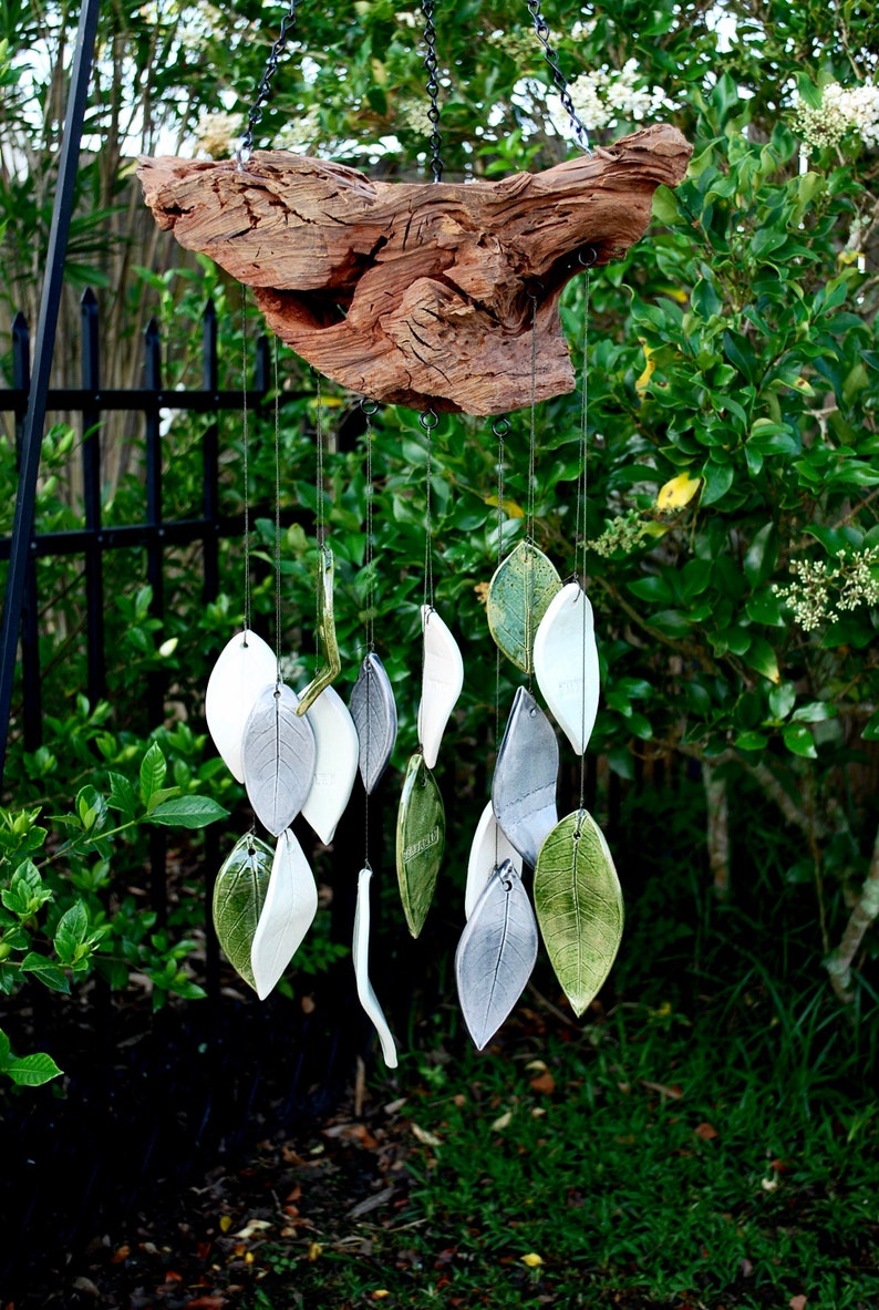 Memorial Wind Chime Driftwood Leaves Pottery Garden Outdoor Decoration