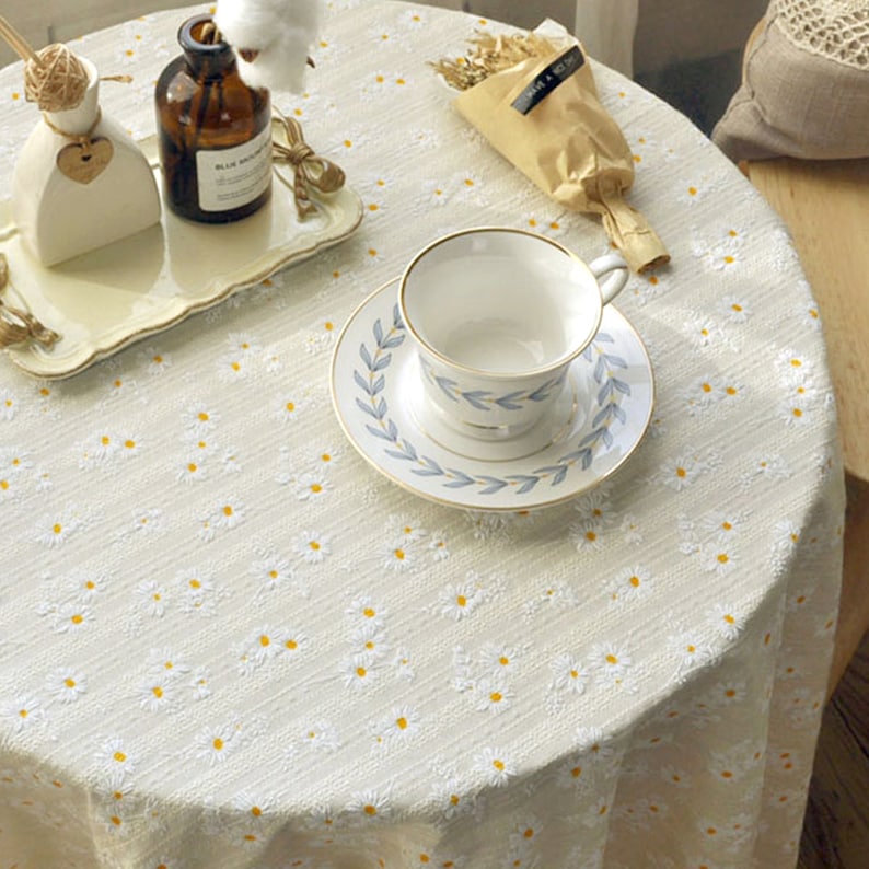 Yellow Daisy Cotton Tablecloth Square Oval Round Dining Room Decor