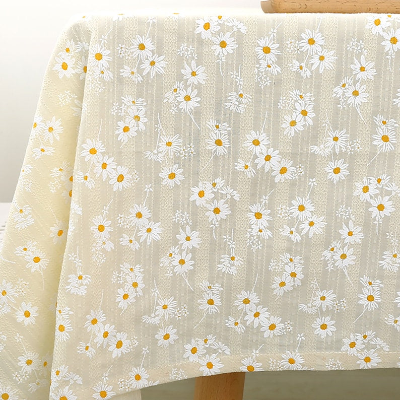 Yellow Daisy Cotton Tablecloth Square Oval Round Dining Room Decor