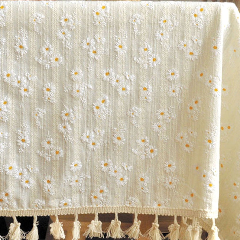 Yellow Daisy Cotton Tablecloth Square Oval Round Dining Room Decor