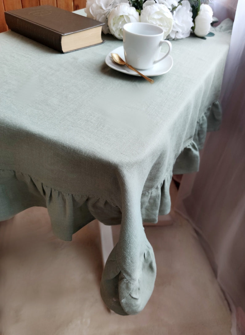 Linen tablecloth for kitchen decor, Custom size cloth in rectangle, oval, or round Sage green boho table cloth Large tablecloth with ruffles