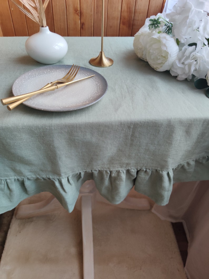 Linen tablecloth for kitchen decor, Custom size cloth in rectangle, oval, or round Sage green boho table cloth Large tablecloth with ruffles